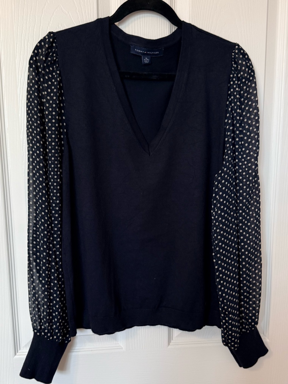 Tommy Hilfiger Navy V-Neck Sweater with Polka Dot Sheer Sleeves